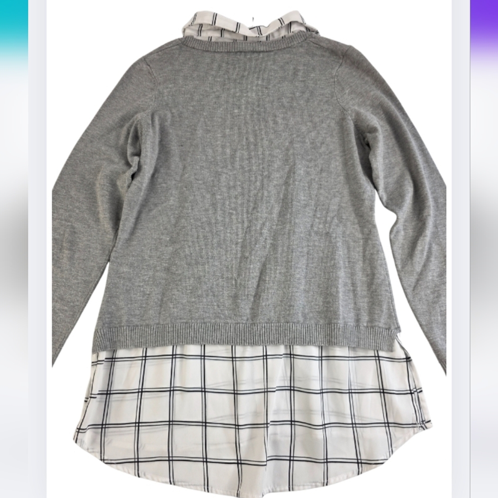 Adrianna Papell Gray Two-fer Sweater with Plaid Accent Size M Office CO-2138 - Picture 3 of 9